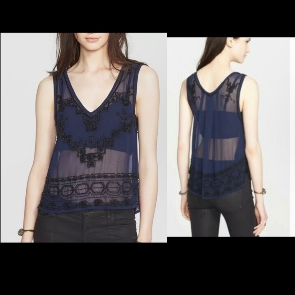Free people run with it embellished beaded navy sheer high low tank top